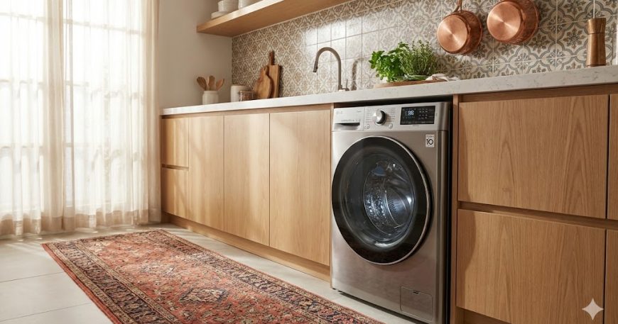 ماشین لباسشویی ال‌جی در یک خانه ایرانی با طراحی مدرن و نور طبیعی