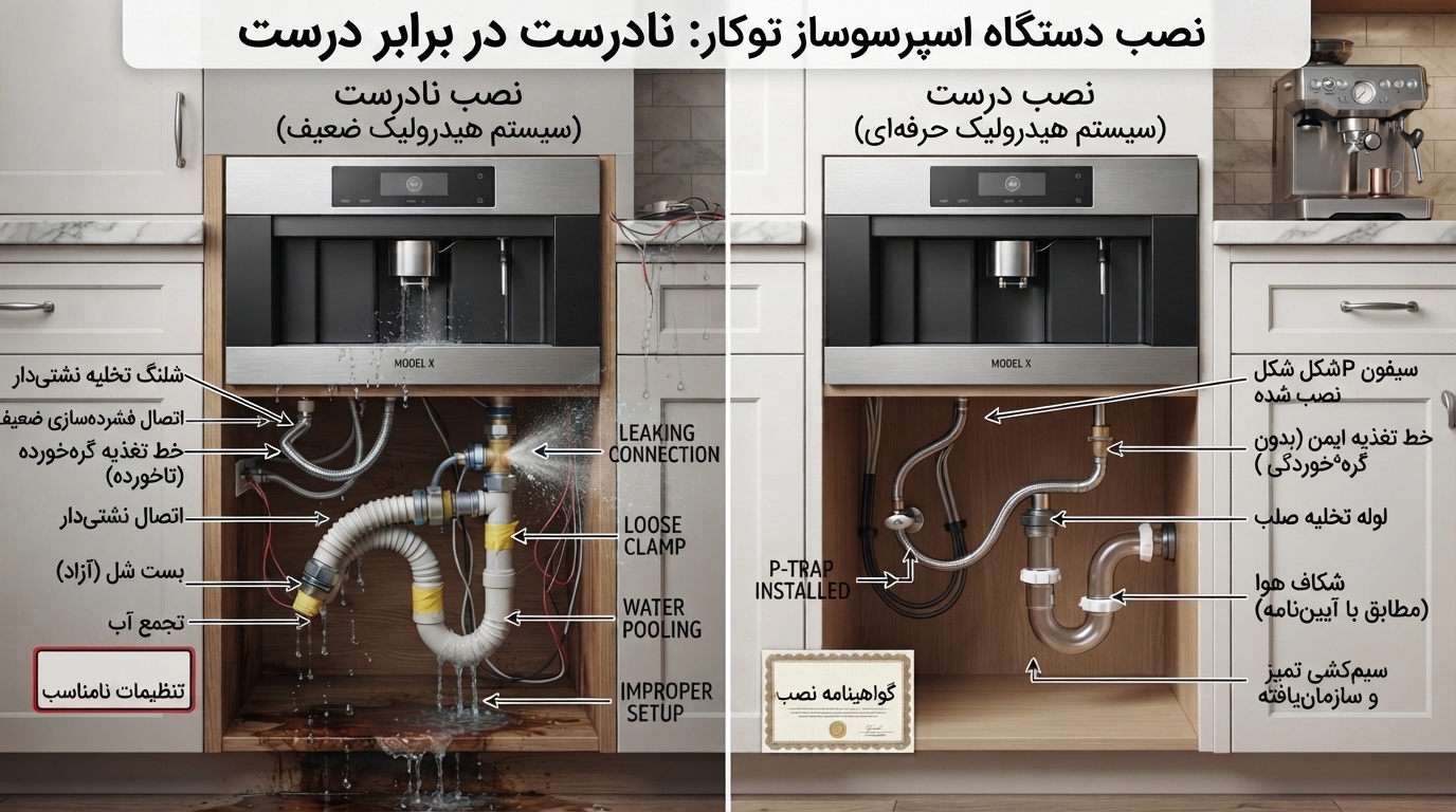 مقایسه نصب صحیح و اشتباه اسپرسوساز توکار و مشکلات ناشی از اجرای غیر اصولی