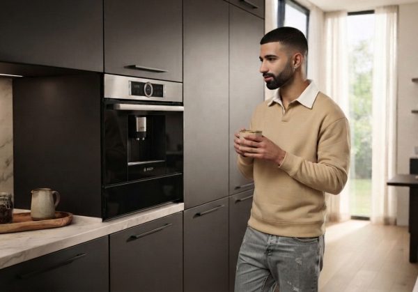 Homeowner_comparing_espresso_mac…_202607140028 راهنمای خرید اسپرسوساز توکار؛ آشپزخانه مدرن با اسپرسوساز توکار Bosch